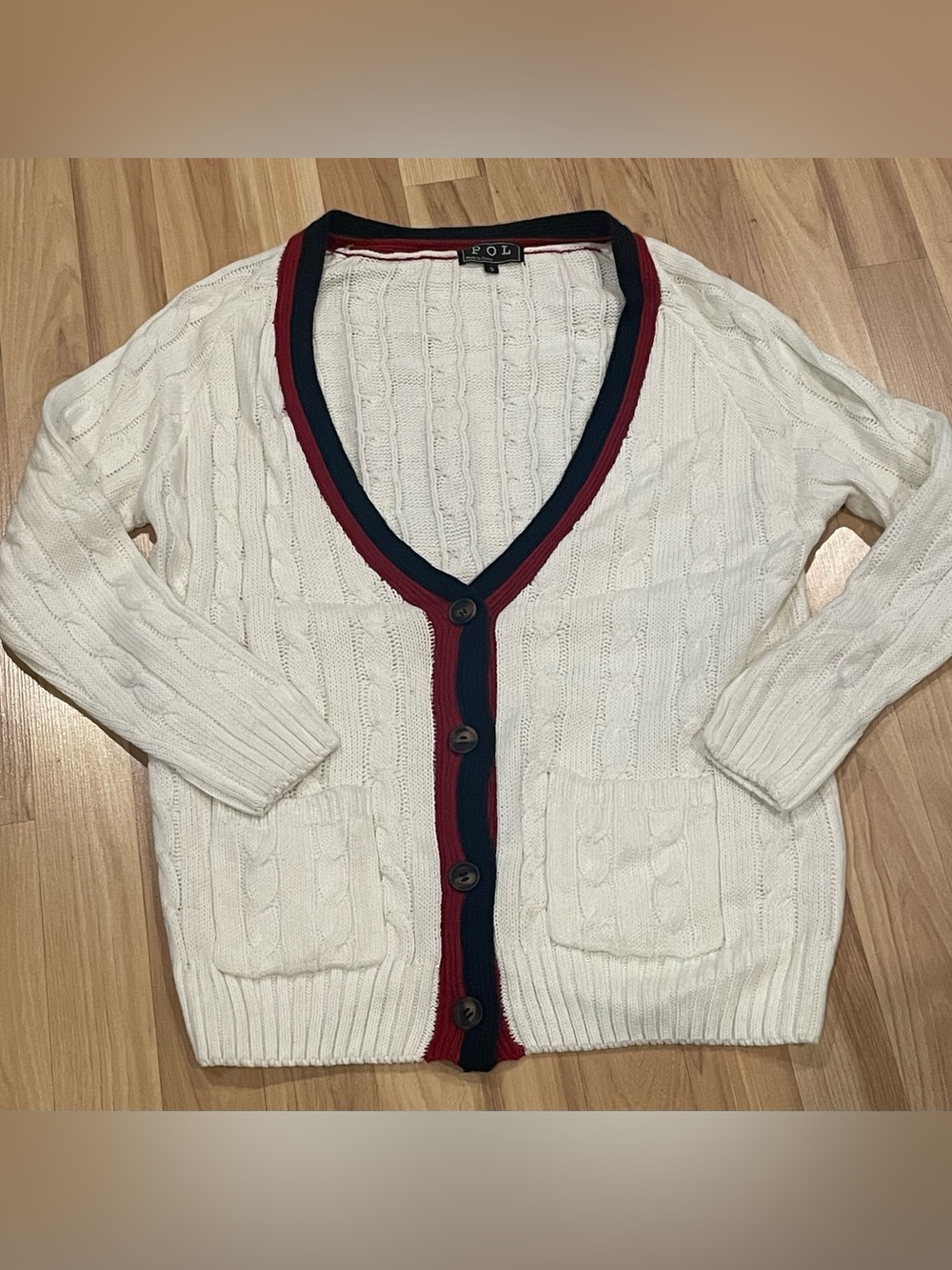POL Cable-Knit V-Neck Cardigan - Cream with Navy & Burgundy Trim NWOT SM